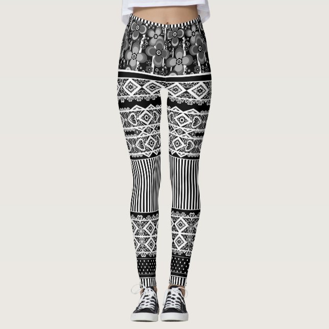 Leggings Motif noir et blanc avec dentelle et patchwork el (Devant)