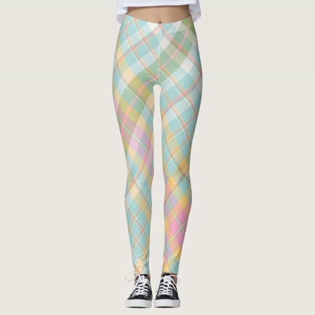 Leggings Motif Plaid bleu, vert, rose et or (Devant)