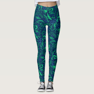 Leggings Motif Poissons Verts 10.w Fond Bleu