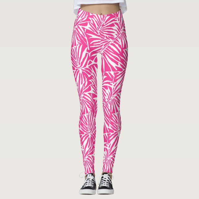 Leggings Motif Répétant De Feuille Tropicale Blanche Et Ros (Devant)