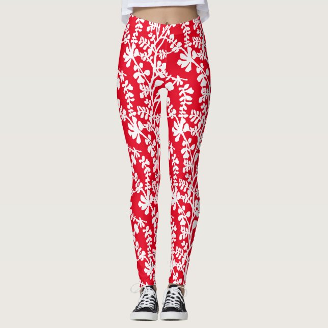 Leggings Motif répété Floral Rouge Et Blanc (Devant)