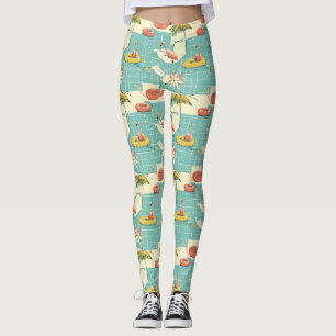 Leggings Motif rétro flamant rose au bord de la piscine pou