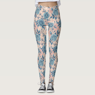 Leggings Motif Rose bleu rétro sur Arrière - plan rose doux