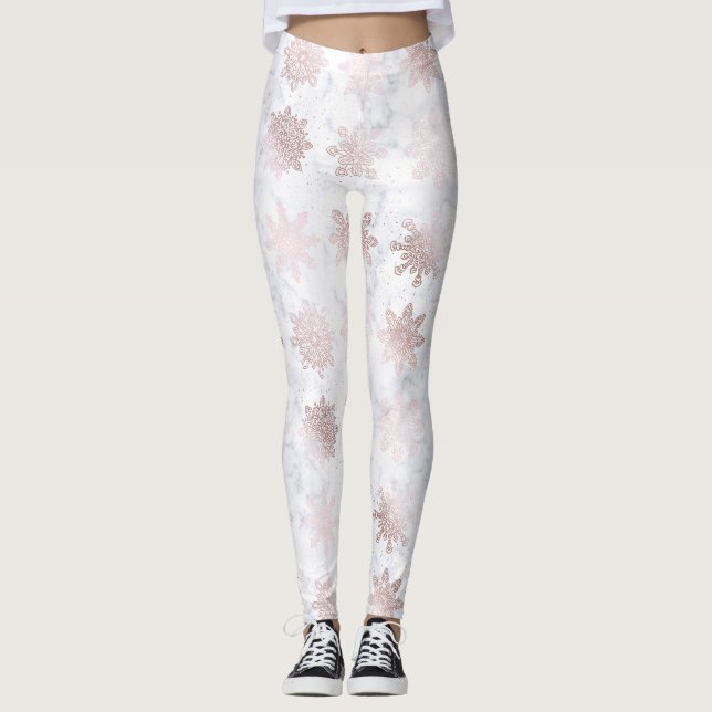 Leggings Motif rose de Noël de flocon de neige d'or et de (Devant)