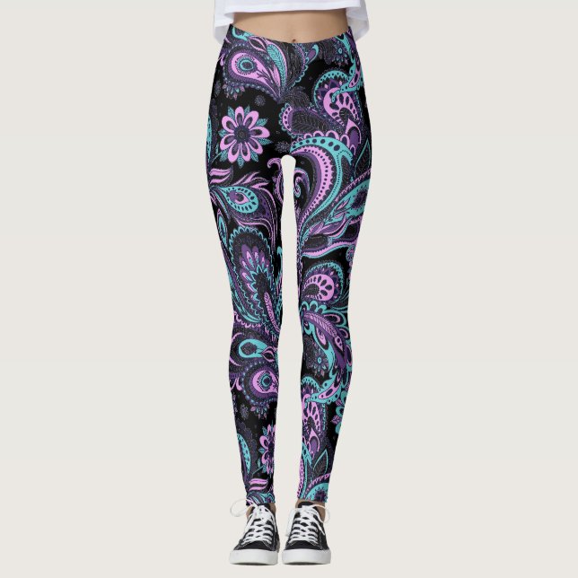 Leggings Motif Rose Et Bleu Paisley (Devant)