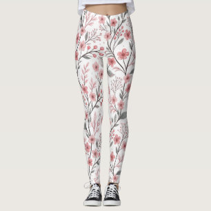 Leggings Motif Sakura en fleurs de cerises roses sur blanc 