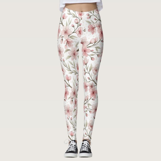 Leggings Motif Sakura en fleurs de cerises roses sur blanc  (Devant)