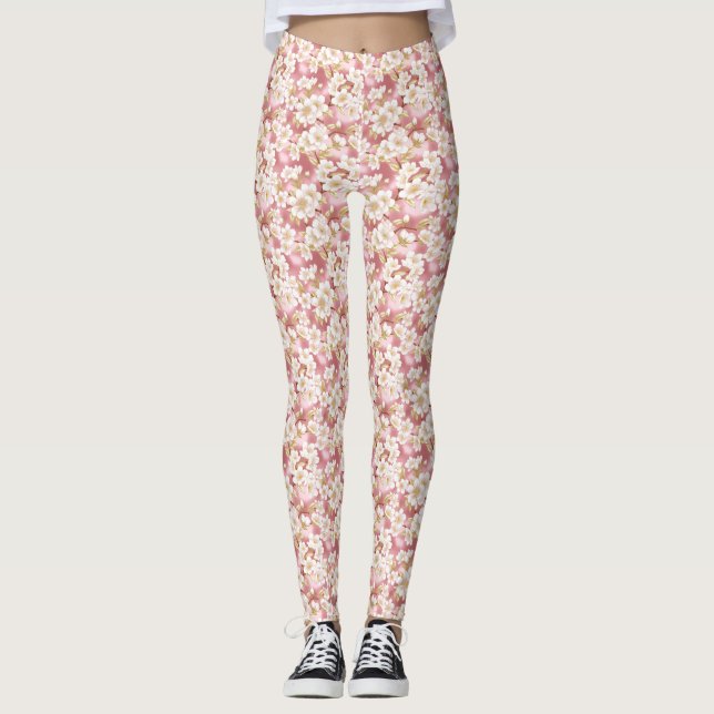 Leggings Motif Sakura rose et blanc (Devant)