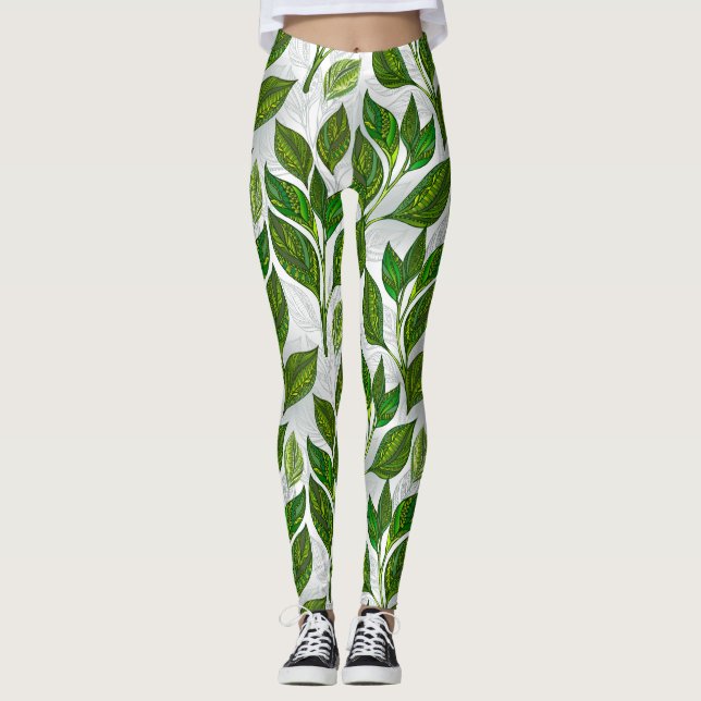 Leggings Motif sans couture avec Feuilles de thé vert (Devant)