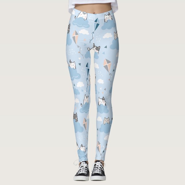 Leggings Motif sans couture Cute Kawaii Chats nuages de cer (Devant)