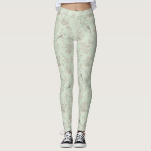 Leggings Motif Toile Botanique Élégant Sage Oiseau