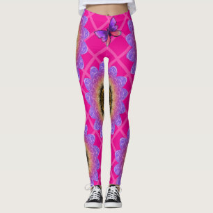 Leggings Motif Tournesol et Papillon en Velours Violet