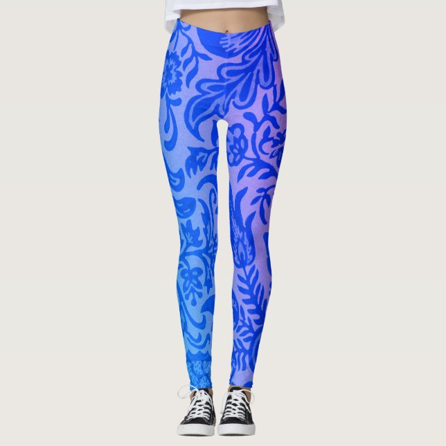 Leggings Motif végétal vintage bleu rose (Devant)