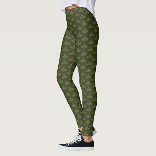 Leggings Motif vert moderne feuille de laurier sur Brown (Gauche)