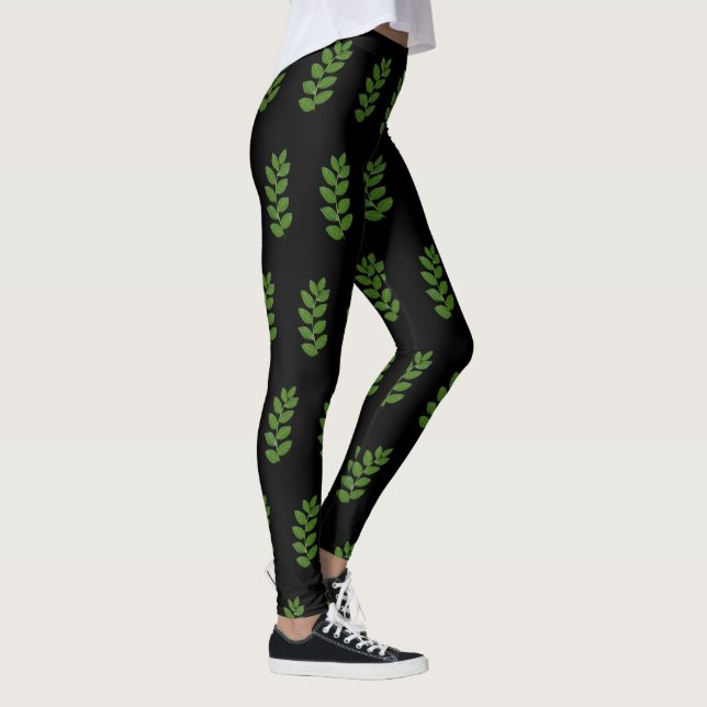 Leggings Motif vert moderne feuille de laurier sur noir (Droite)