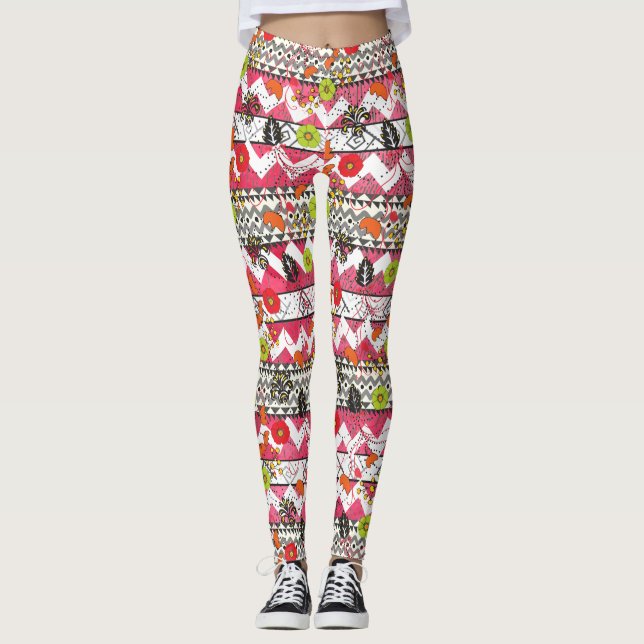 Leggings Motifs aztèques roses et noirs (Devant)