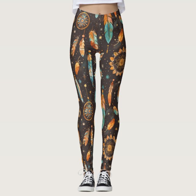 Leggings Mystical Dark Boho : Feathers & Dream Catchers Des (Devant)