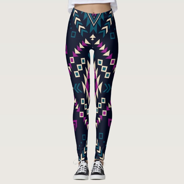 Leggings Navajo tribal foncé, géométrique vintage. (Devant)