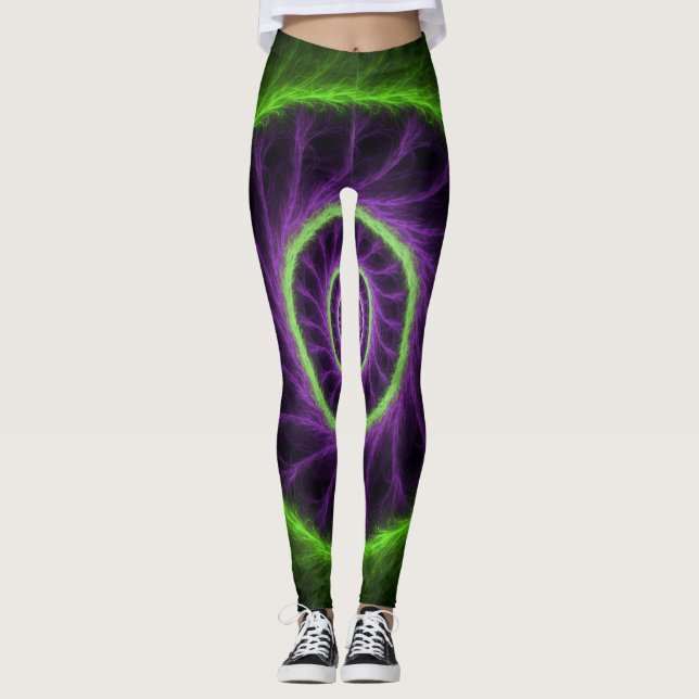 Leggings Neon Energy Spiral – Green & Purple Fractal Vortex (Devant)