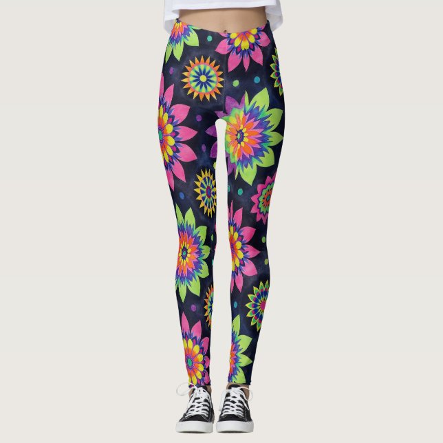 Leggings Neon Floral Mandalas Seamless Pattern (Devant)