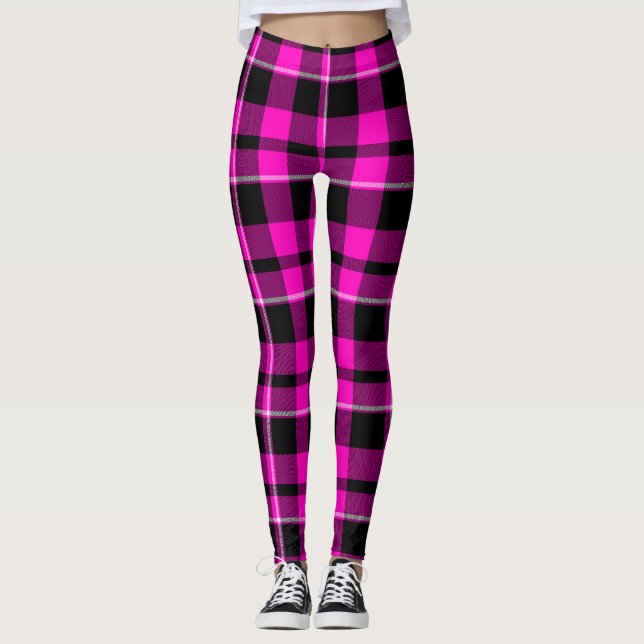 Leggings Neon rose et noir Tartan écossais Plaid (Devant)