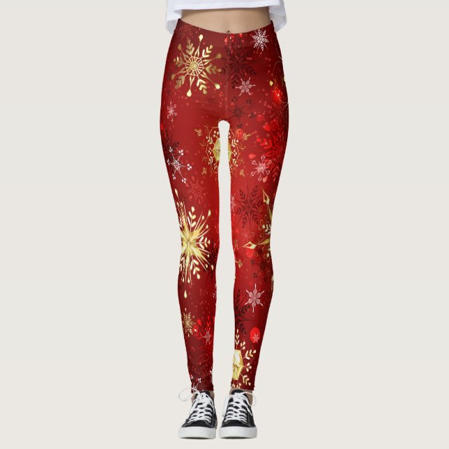 Leggings Noël Golden Snowflakes sur Arrière - plan rouge (Devant)