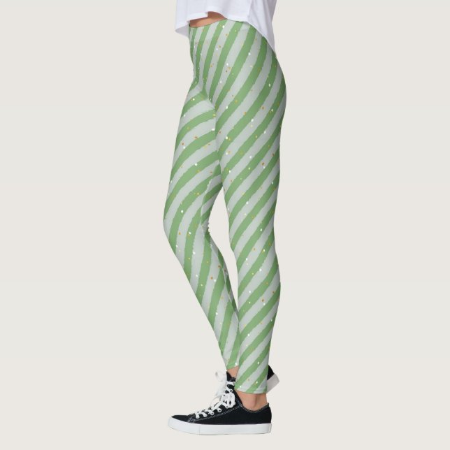 Leggings Noël Green Stripes & neige Motif sans couture (Gauche)