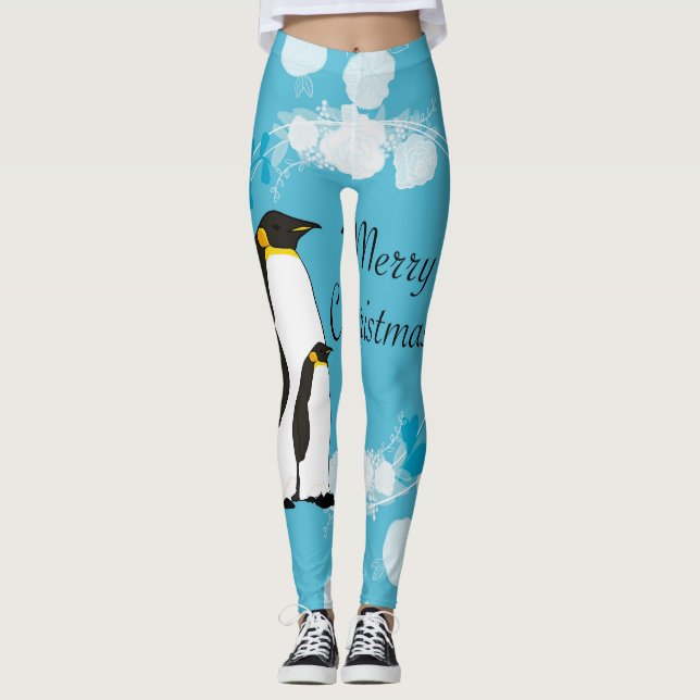 Leggings noël, noël, pingouin, fleurs, bleu, (Devant)