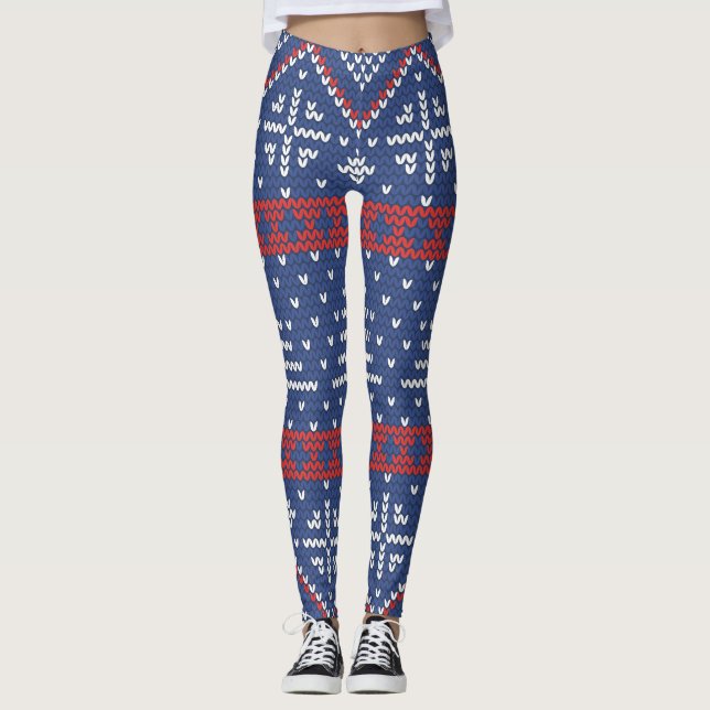 Leggings Noël nordique bleu rouge d'hiver de motif de (Devant)
