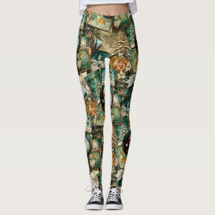 Leggings Noël Rétro Vintage : Collage Vert