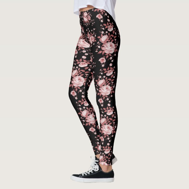 Leggings Noir avec pattes florales roses (Gauche)