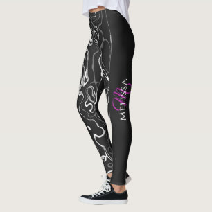 Leggings Noir blanc damas abstrait motif Monogramme