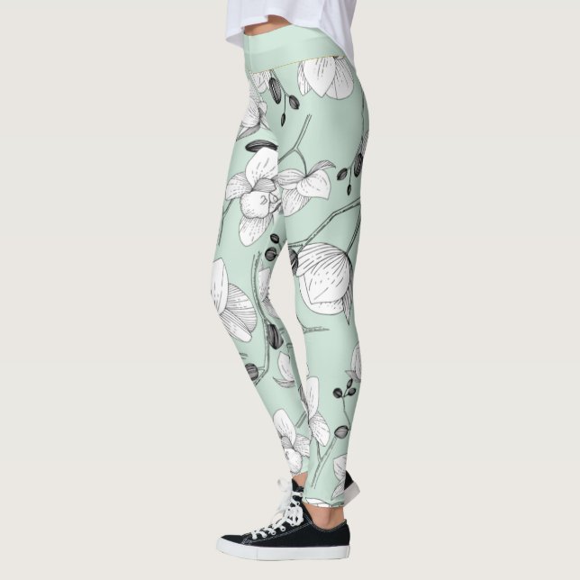 Leggings Noir & blanc élégant orchidée floral menthe modern (Gauche)