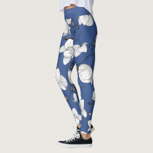 Leggings Noir & blanc élégant orchidée floral moderne bleu