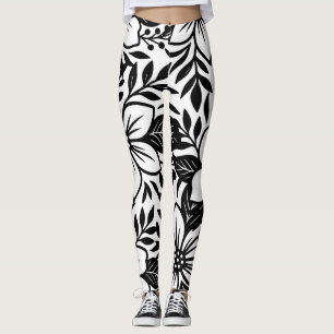 Leggings Noir Blanc Moderne Floral Élégant Fleur Tropicale