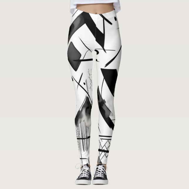 Leggings Noir blanc Motif encre aquarelle Art brosse (Devant)