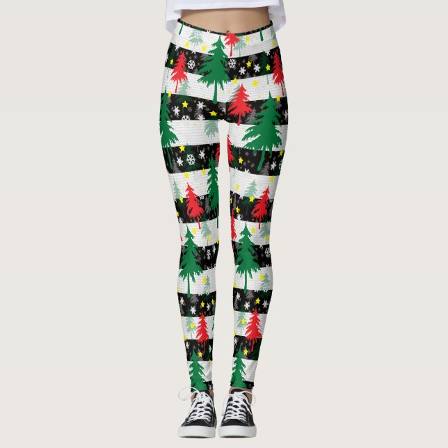 Leggings Noir Blanc Stripes Neiges Rouge Vert Arbres (Devant)