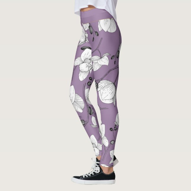 Leggings Noir et blanc élégant orchidée floral moderne lila (Gauche)