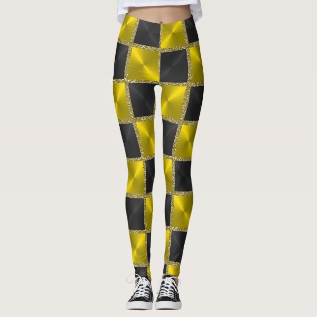 Leggings Noir et Jaune avec Carrés d'or (Devant)
