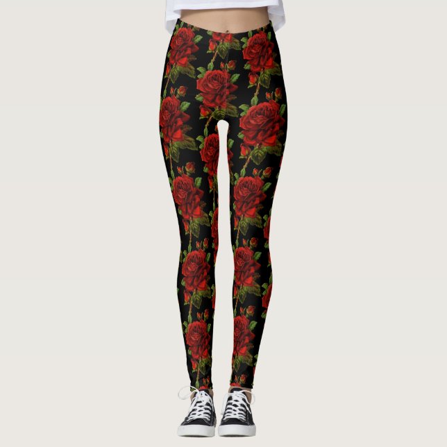 Leggings Noir floral de fleur de rose rouge (Devant)