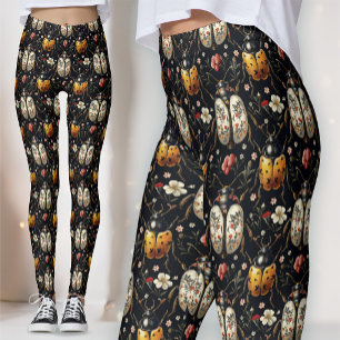 Leggings Noir Or Blanc Floral Coléoptère Botanique