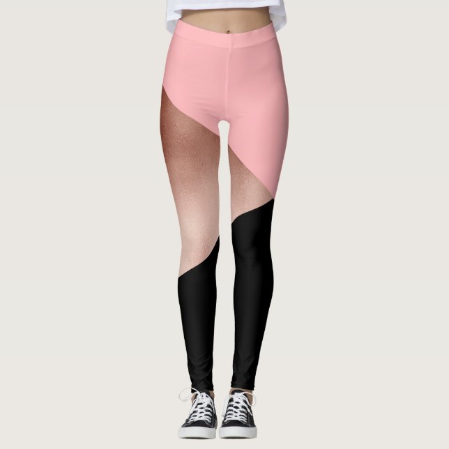 Leggings noir rose géométrique moderne élégant de rose d'or (Devant)