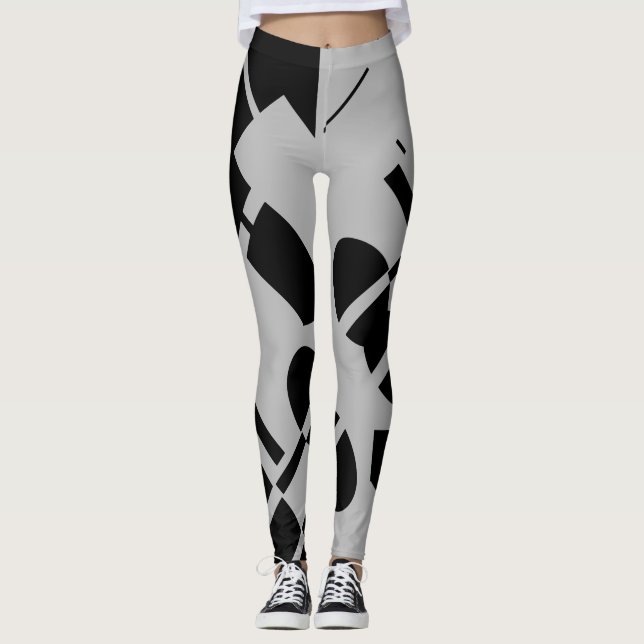 Leggings Noir sur gris argenté Grandes formes géométriques (Devant)