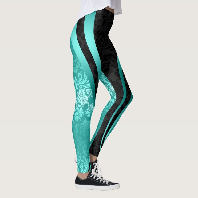 Leggings Noir & Turquoise Floral Damas Conception géométriq (Droite)