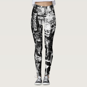 Leggings noirs et blancs avec Graffiti Art imprimé