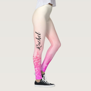Leggings Nom du monogramme Girly Pink Trees Nature Blanc
