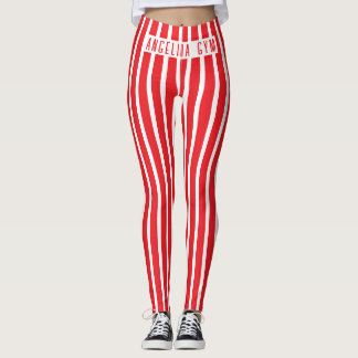 Leggings Nom personnalisé Gym Rouge et Blanc Rayures Vertic