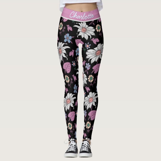 Leggings Nom personnalisé rose floral continu motif (Devant)