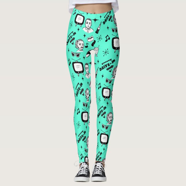 Leggings Nostalgique noir et blanc style pop art rétro (Devant)