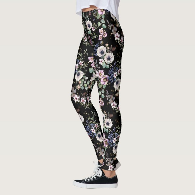 Leggings Nuit dans le jardin Floral noir blanc et rose  (Gauche)